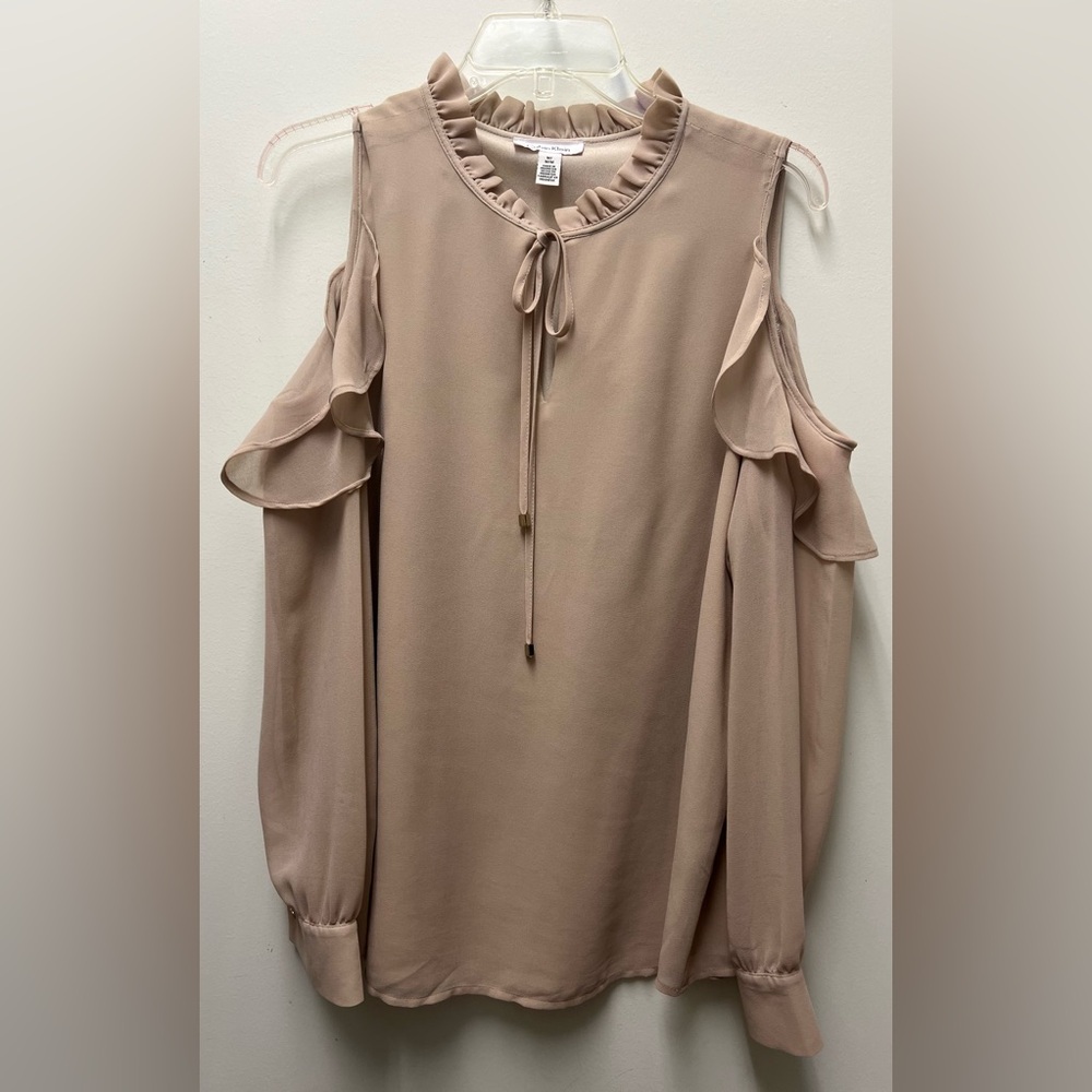 Calvin Klein Cold Shoulder Drawstring V Neck Ruffle Long Sleeve Apricot Solid, M